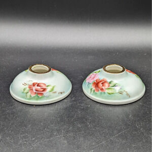 Vintage Porcelain Hand Painted Red And Pink Roses Candlestick Holders Signed